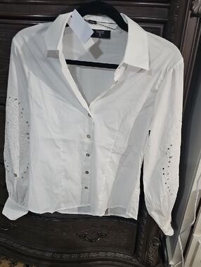 Tahari White Button-Front Shirt with Eyelet Sleeve Detail